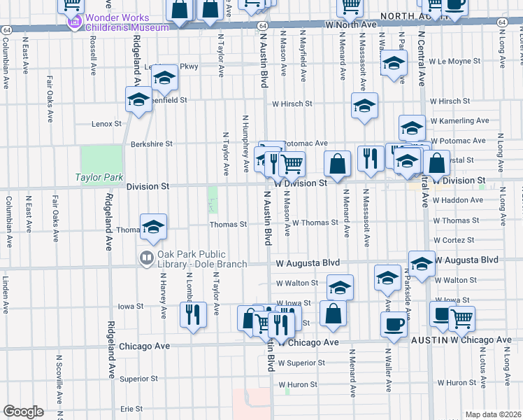 map of restaurants, bars, coffee shops, grocery stores, and more near 1120 North Austin Boulevard in Oak Park