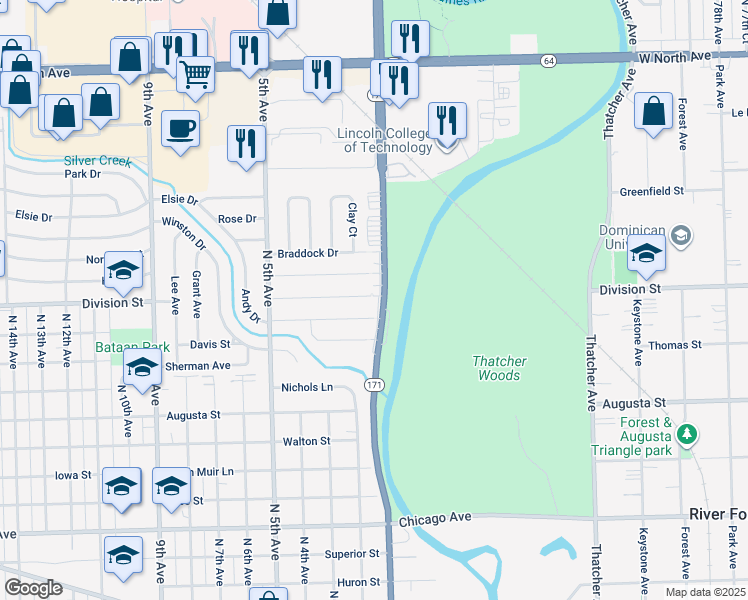 map of restaurants, bars, coffee shops, grocery stores, and more near 100 Division Street in Melrose Park