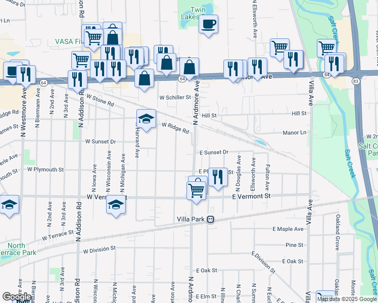 map of restaurants, bars, coffee shops, grocery stores, and more near 558 North Ardmore Avenue in Villa Park