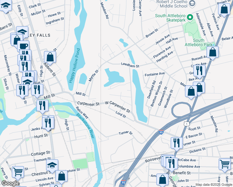 map of restaurants, bars, coffee shops, grocery stores, and more near 37 Lawn Street in Attleboro