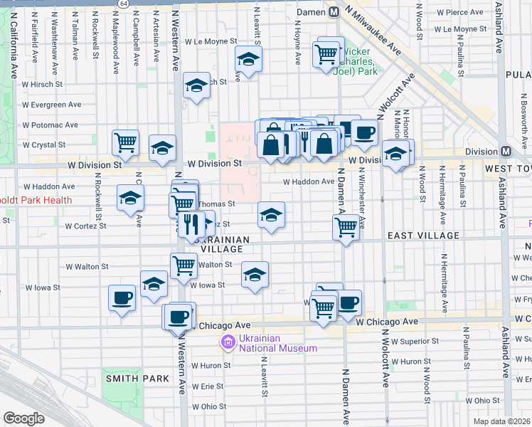 map of restaurants, bars, coffee shops, grocery stores, and more near 1045 North Leavitt Street in Chicago