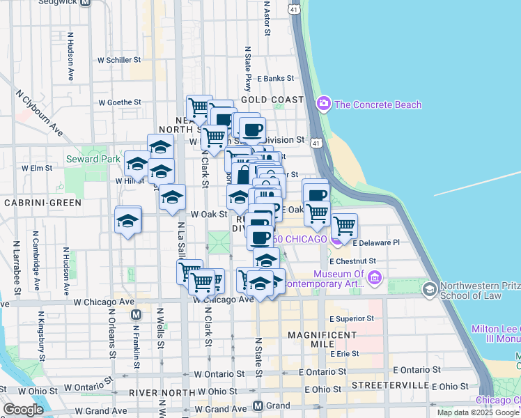map of restaurants, bars, coffee shops, grocery stores, and more near 1022 North State Street in Chicago