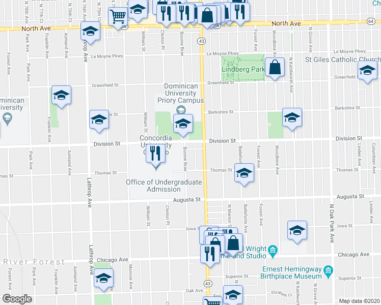 map of restaurants, bars, coffee shops, grocery stores, and more near 1135 Bonnie Brae in River Forest