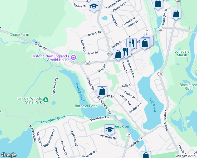 map of restaurants, bars, coffee shops, grocery stores, and more near 11 Lincoln Ave in Lincoln