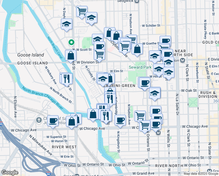 map of restaurants, bars, coffee shops, grocery stores, and more near 544 West Oak Street in Chicago