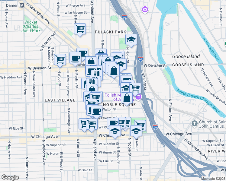 map of restaurants, bars, coffee shops, grocery stores, and more near 1456 West Cortez Street in Chicago