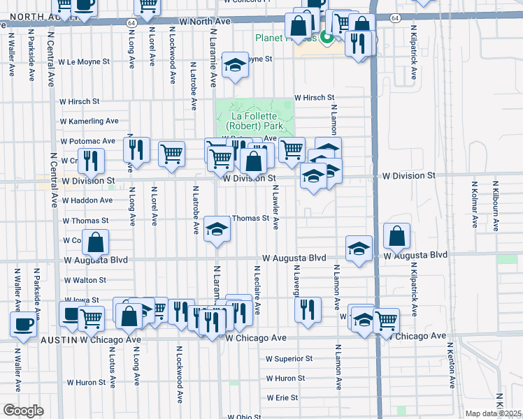 map of restaurants, bars, coffee shops, grocery stores, and more near 1117 North Leclaire Avenue in Chicago