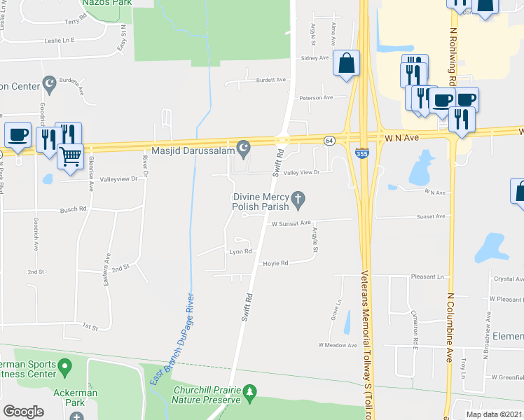 map of restaurants, bars, coffee shops, grocery stores, and more near 972 Tanager Court in Lombard