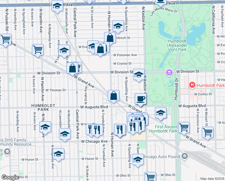 map of restaurants, bars, coffee shops, grocery stores, and more near 1057 North Homan Avenue in Chicago