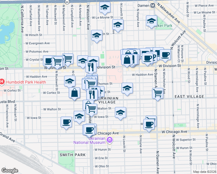 map of restaurants, bars, coffee shops, grocery stores, and more near 1049 North Oakley Boulevard in Chicago