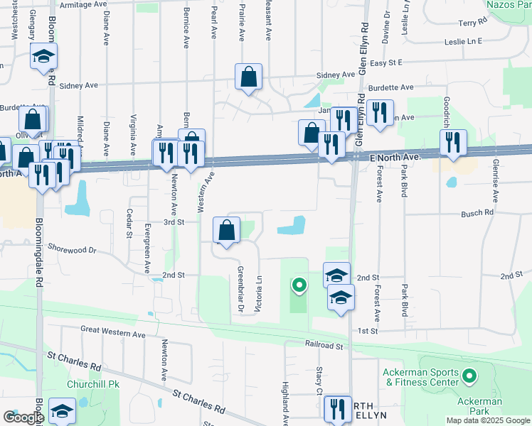 map of restaurants, bars, coffee shops, grocery stores, and more near 1161 Coventry Circle in Glendale Heights