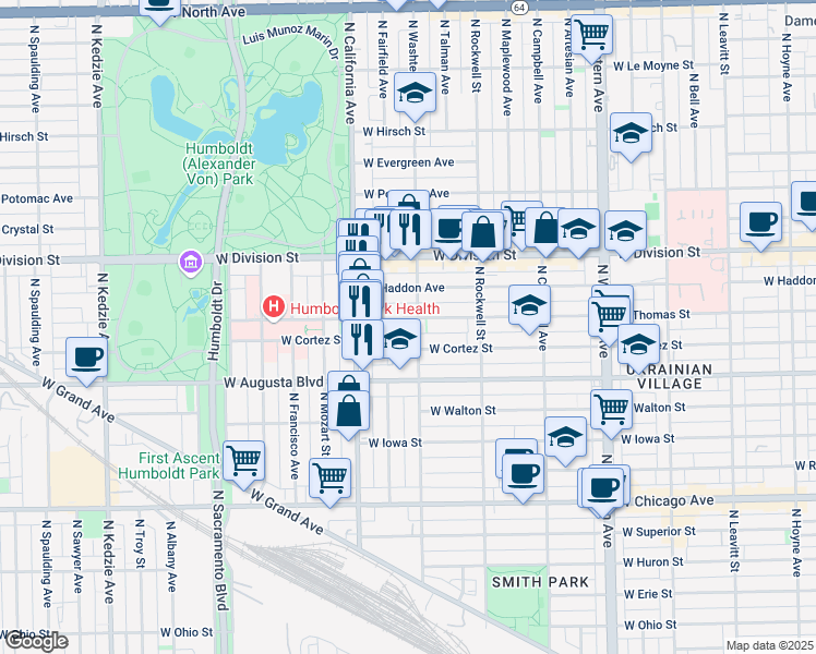 map of restaurants, bars, coffee shops, grocery stores, and more near 2701 West Thomas Street in Chicago