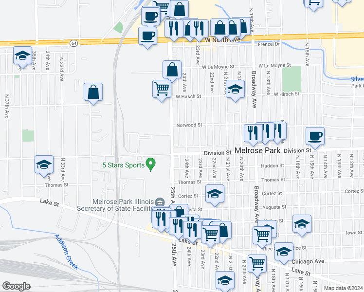 map of restaurants, bars, coffee shops, grocery stores, and more near 1512 North 24th Avenue in Melrose Park
