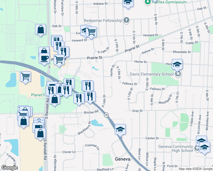 map of restaurants, bars, coffee shops, grocery stores, and more near 1419 Marie Street in St. Charles