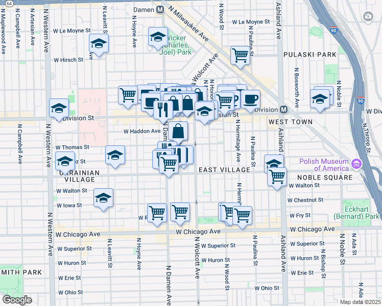 map of restaurants, bars, coffee shops, grocery stores, and more near 1048 North Wolcott Avenue in Chicago