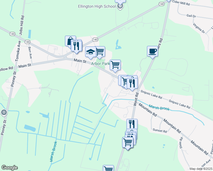 map of restaurants, bars, coffee shops, grocery stores, and more near 32 Main Street in Ellington