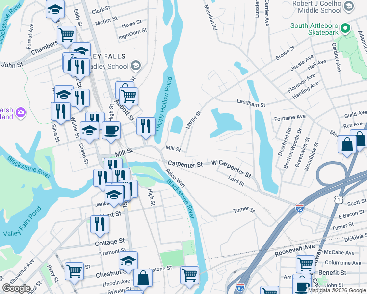 map of restaurants, bars, coffee shops, grocery stores, and more near 11 Myrtle Street in Cumberland