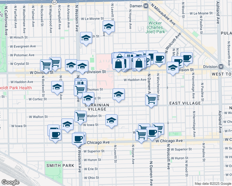 map of restaurants, bars, coffee shops, grocery stores, and more near 1049 North Leavitt Street in Chicago