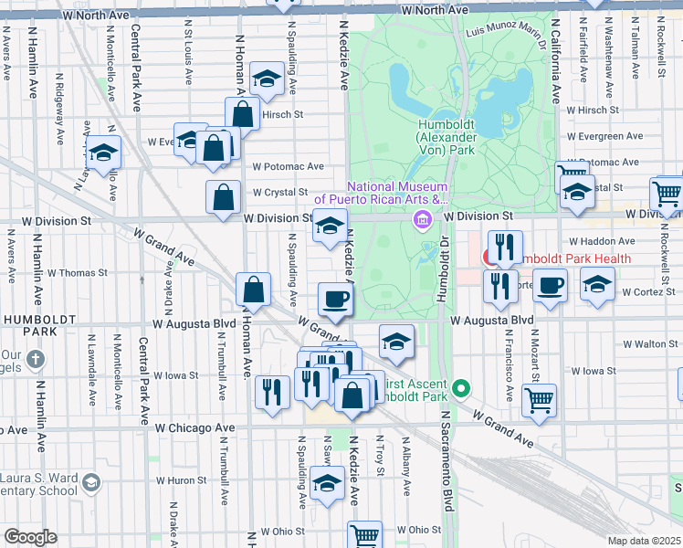 map of restaurants, bars, coffee shops, grocery stores, and more near 1060 North Kedzie Avenue in Chicago