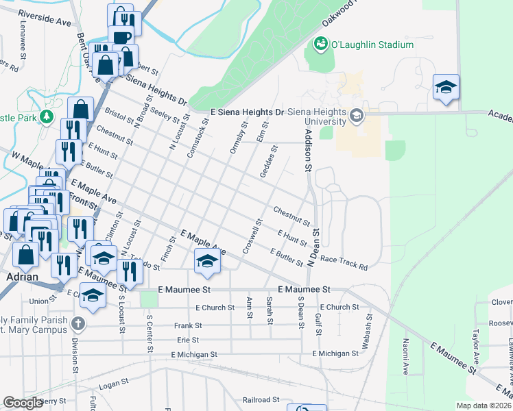 map of restaurants, bars, coffee shops, grocery stores, and more near 910 Chestnut Street in Adrian