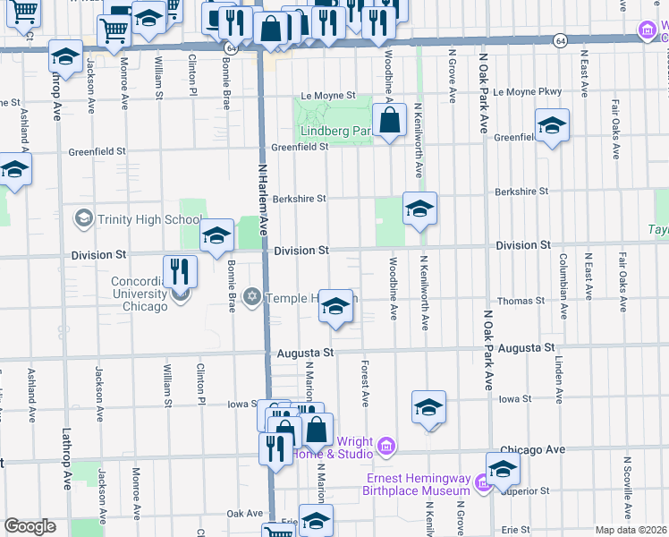 map of restaurants, bars, coffee shops, grocery stores, and more near 850 Belleforte Avenue in Oak Park