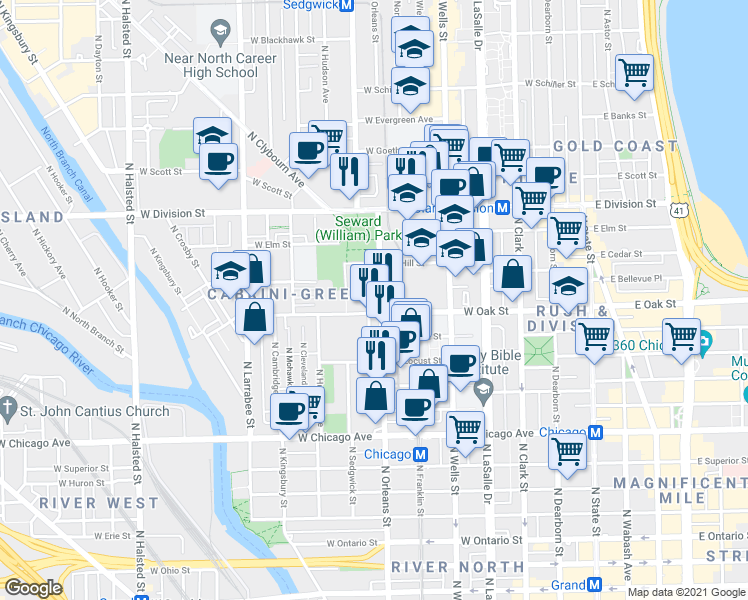 map of restaurants, bars, coffee shops, grocery stores, and more near 1000 North Orleans Street in Chicago