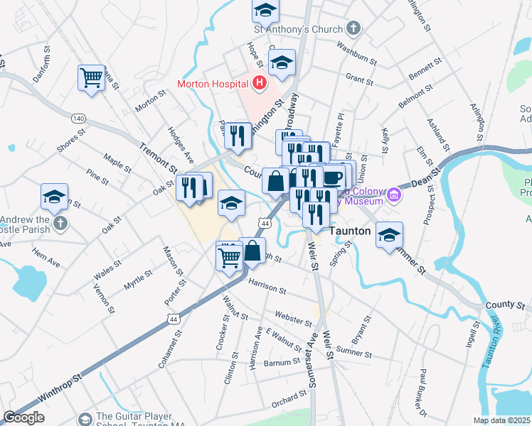 map of restaurants, bars, coffee shops, grocery stores, and more near 48 Cohannet Street in Taunton