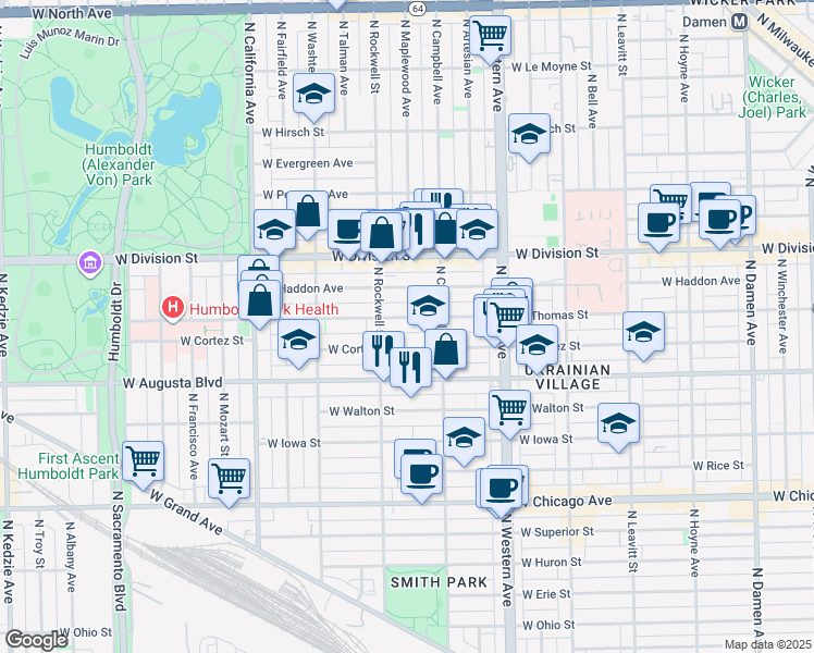 map of restaurants, bars, coffee shops, grocery stores, and more near 2551 West Thomas Street in Chicago