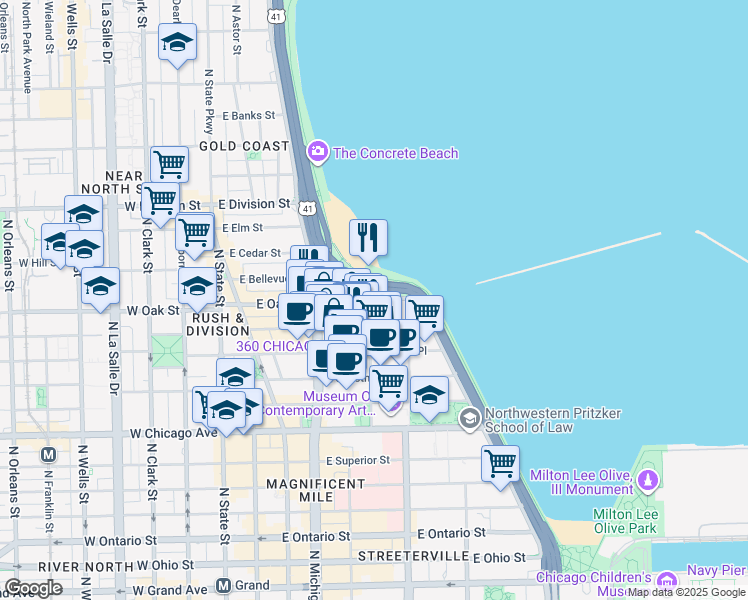 map of restaurants, bars, coffee shops, grocery stores, and more near 298 East Lake Shore Drive in Chicago