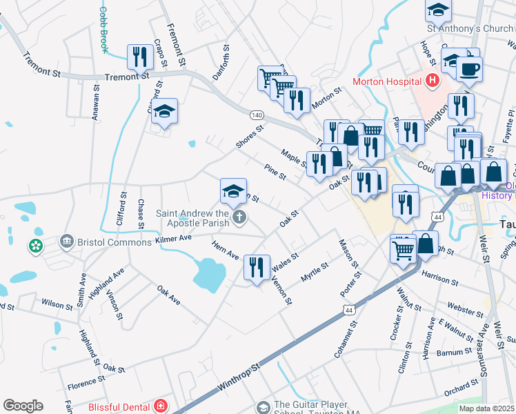 map of restaurants, bars, coffee shops, grocery stores, and more near 20 Kilton Street in Taunton