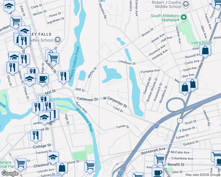 map of restaurants, bars, coffee shops, grocery stores, and more near 43 Lawn Street in Attleboro