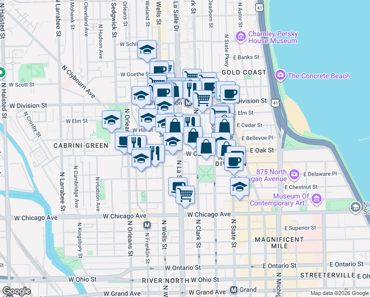 map of restaurants, bars, coffee shops, grocery stores, and more near in Chicago