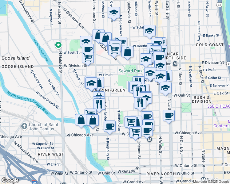 map of restaurants, bars, coffee shops, grocery stores, and more near 1017 North Cleveland Avenue in Chicago