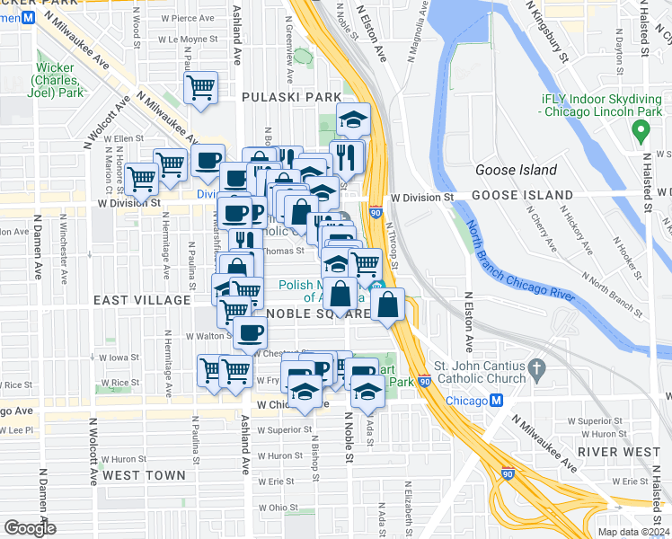 map of restaurants, bars, coffee shops, grocery stores, and more near in Chicago