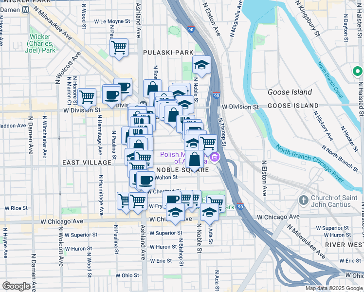 map of restaurants, bars, coffee shops, grocery stores, and more near 1450 West Cortez Street in Chicago