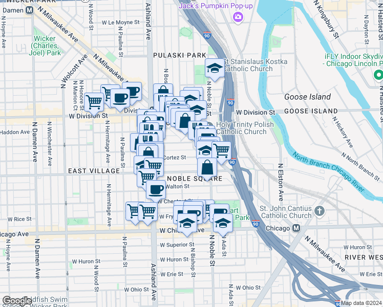 map of restaurants, bars, coffee shops, grocery stores, and more near 1450 West Cortez Street in Chicago