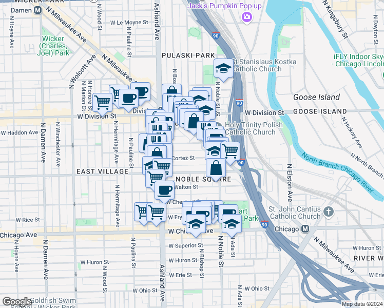 map of restaurants, bars, coffee shops, grocery stores, and more near 1450 West Cortez Street in Chicago