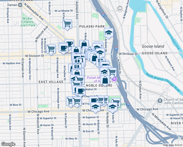 map of restaurants, bars, coffee shops, grocery stores, and more near 1450 West Cortez Street in Chicago