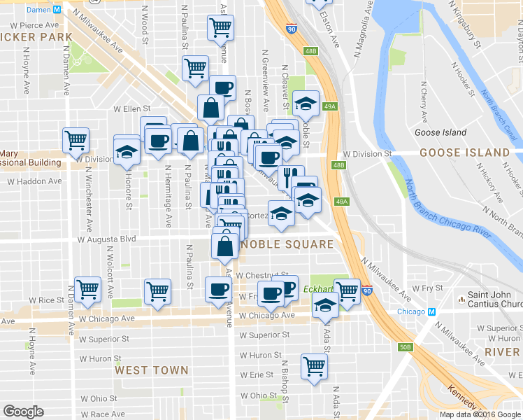 map of restaurants, bars, coffee shops, grocery stores, and more near 1528 West Cortez Street in Chicago