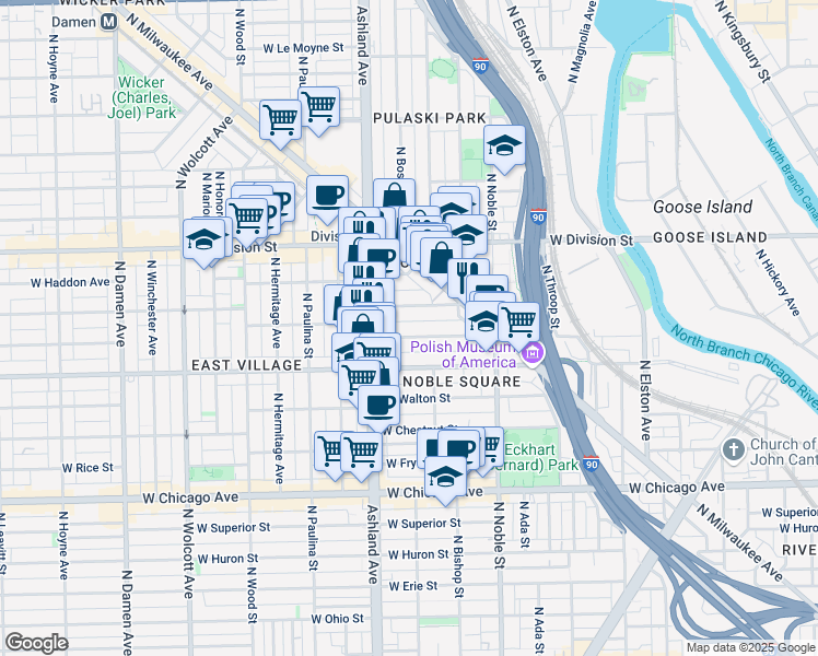 map of restaurants, bars, coffee shops, grocery stores, and more near 1528 West Cortez Street in Chicago