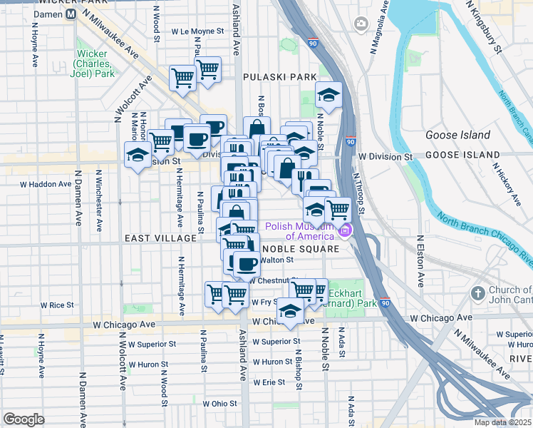 map of restaurants, bars, coffee shops, grocery stores, and more near 1528 West Cortez Street in Chicago