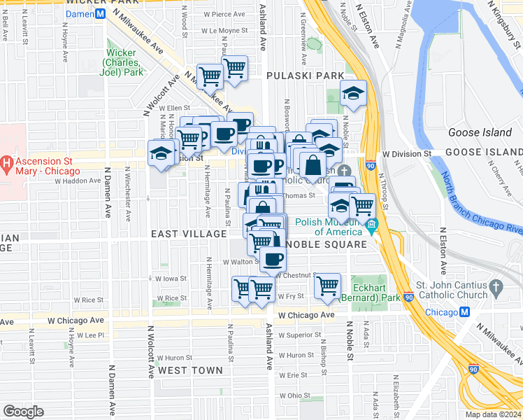 map of restaurants, bars, coffee shops, grocery stores, and more near 1038 North Ashland Avenue in Chicago
