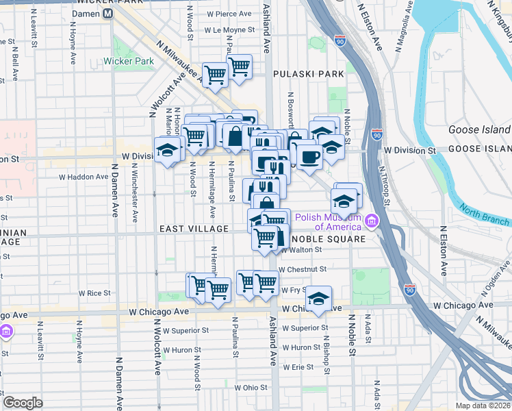 map of restaurants, bars, coffee shops, grocery stores, and more near 1040 North Marshfield Avenue in Chicago