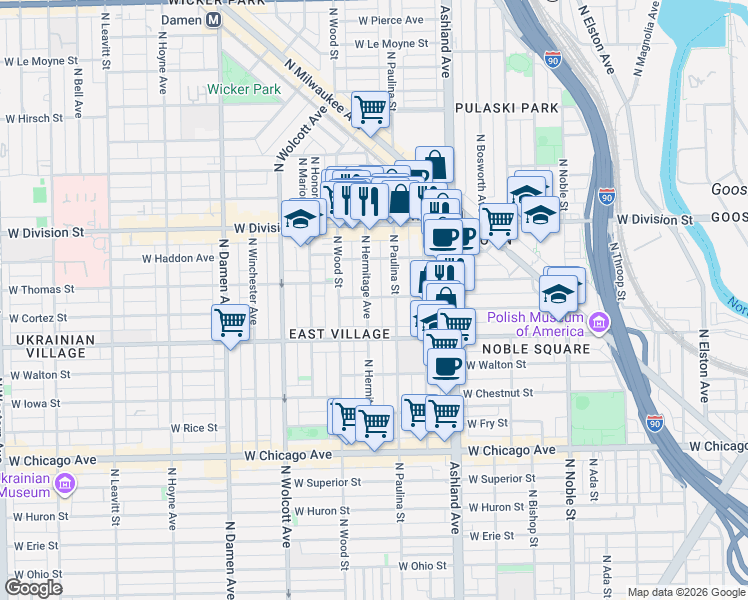 map of restaurants, bars, coffee shops, grocery stores, and more near 1716 West Cortez Street in Chicago
