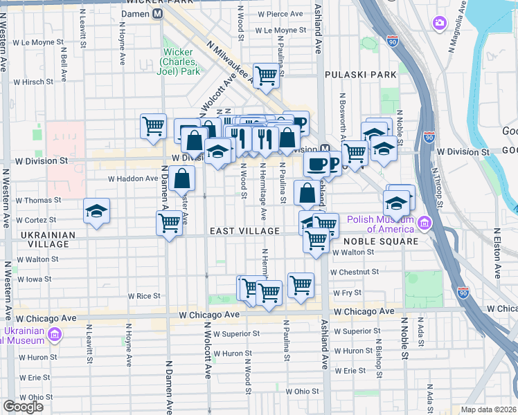 map of restaurants, bars, coffee shops, grocery stores, and more near 1049 North Wood Street in Chicago