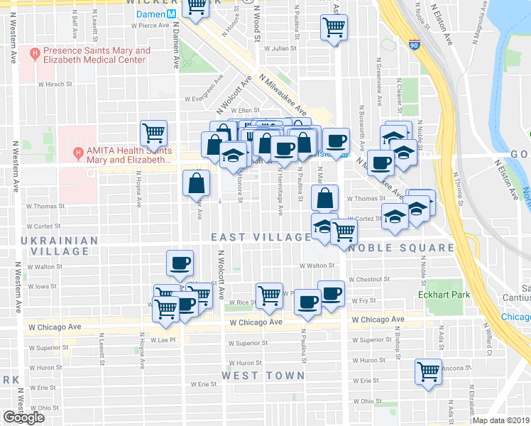 map of restaurants, bars, coffee shops, grocery stores, and more near 1049 North Wood Street in Chicago