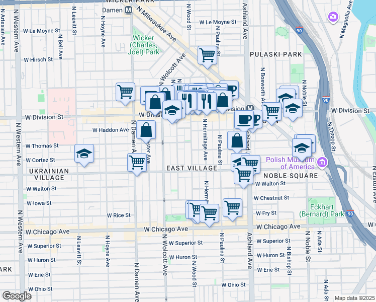 map of restaurants, bars, coffee shops, grocery stores, and more near 1049 North Wood Street in Chicago