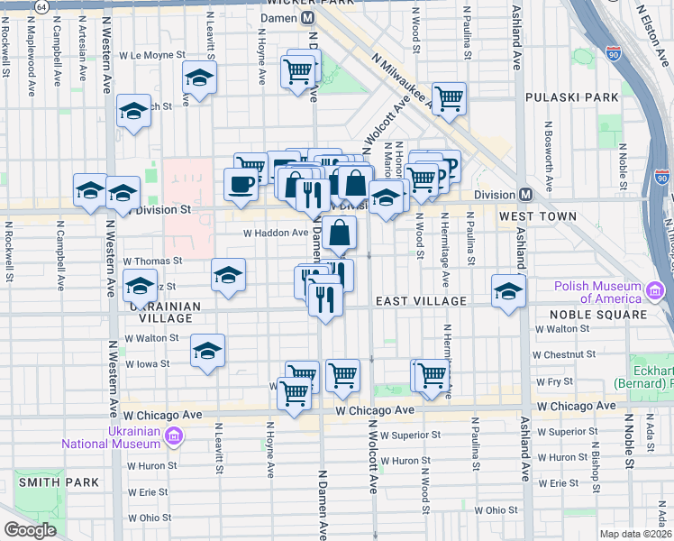 map of restaurants, bars, coffee shops, grocery stores, and more near in Chicago
