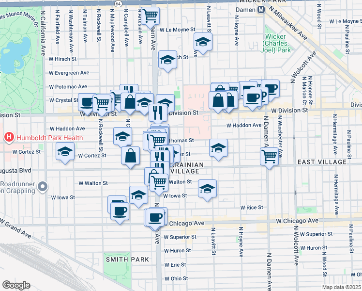 map of restaurants, bars, coffee shops, grocery stores, and more near 2323 West Thomas Street in Chicago