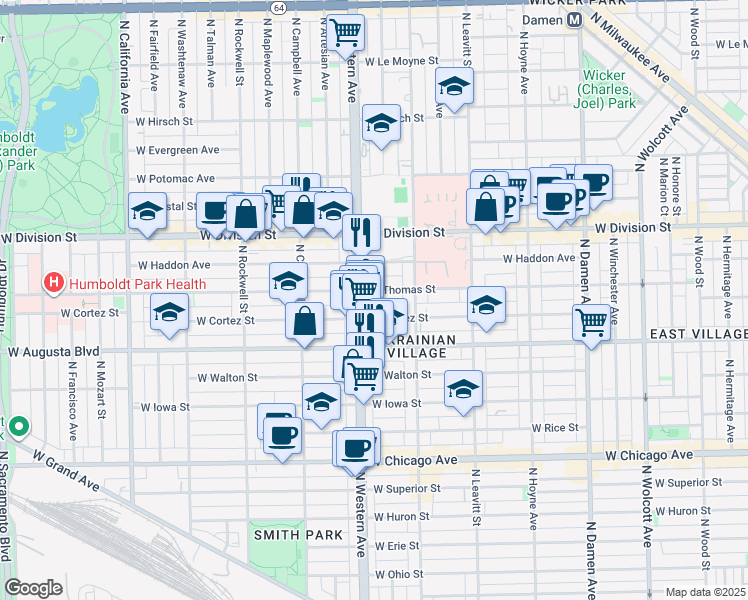 map of restaurants, bars, coffee shops, grocery stores, and more near 1061 North Western Avenue in Chicago